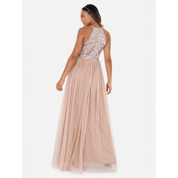 Maya Deluxe Fairy Tulle Sequin Embellished Halter Neck Maxi Dress Taupe Blush 8 - Picture 2 of 14